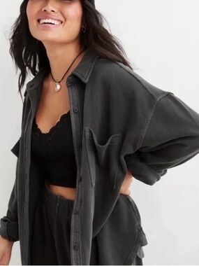 Aerie Oversized Button Down Sweatshirt Jacket Gray Size M